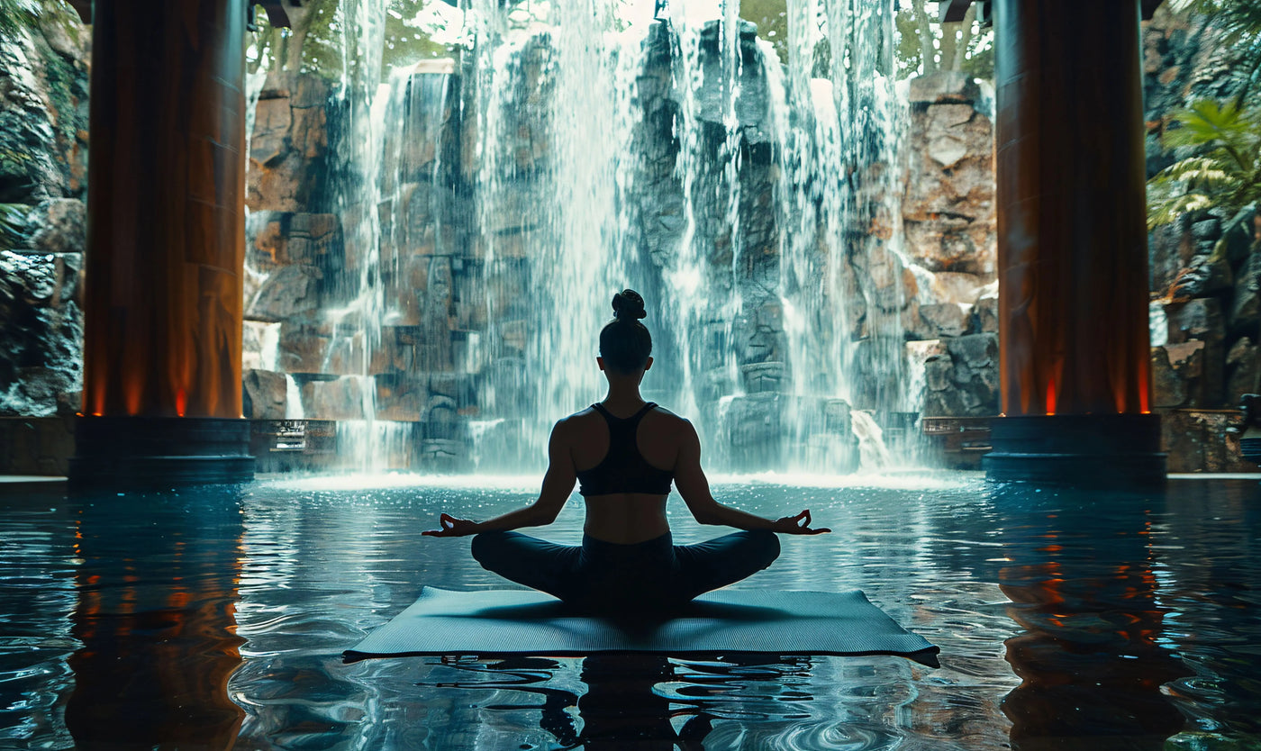 femme pratiquant le yoga devant une cascade